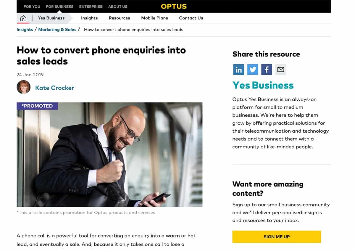 Optus sales leads blog post 1. B2B copywriting