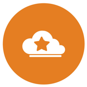 Icon orange circle with white cloud and orange star graphic AI strategist