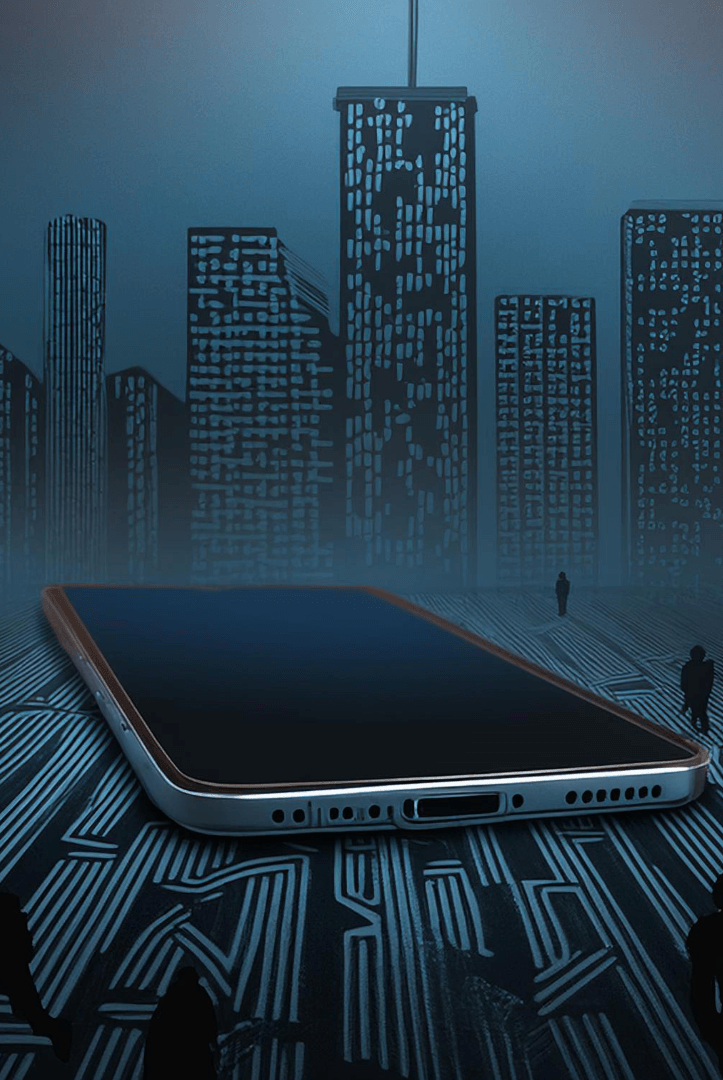 A mobile phone on a dark patterned surface with city buildings in the background, representing dark patterns consultant. Image generated by artificial intelligence.