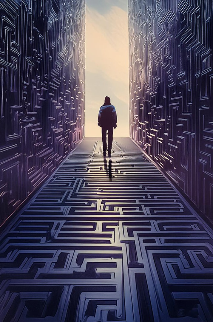 AI-generated. A person walking through a shadowy maze. Represents dark patterns consultant